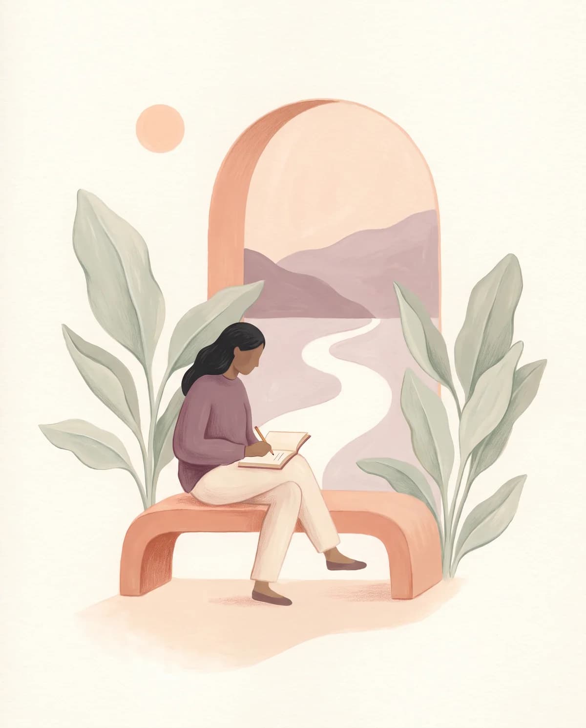 A person journaling in a quiet botanical garden, beside an arch opening onto a winding path.